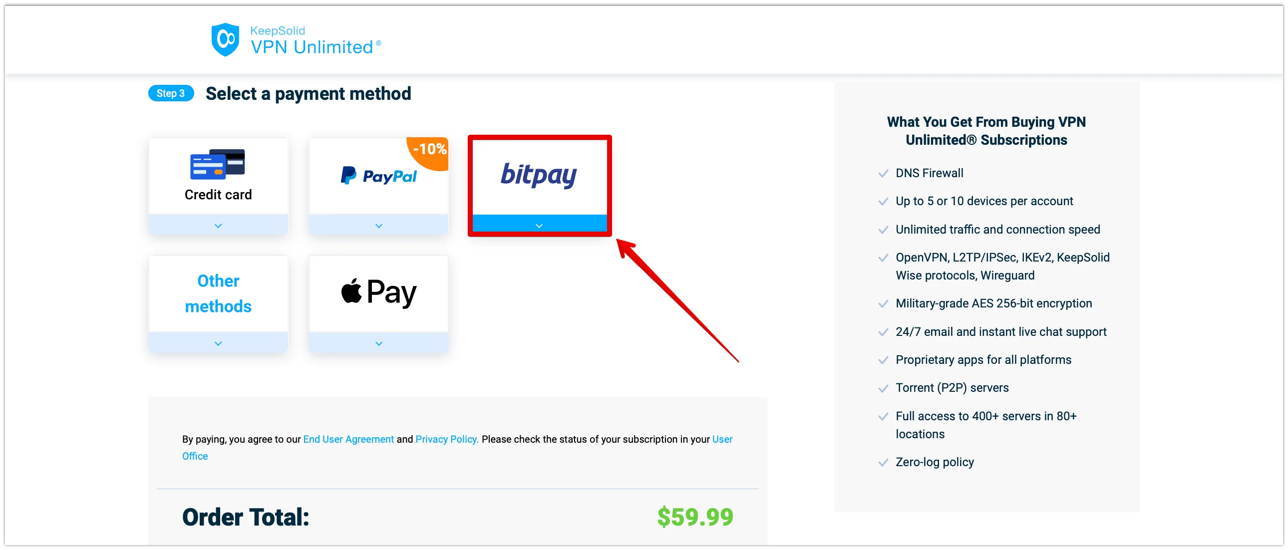 4. In a payment method section, choose bitpay to buy a VPN subscription.