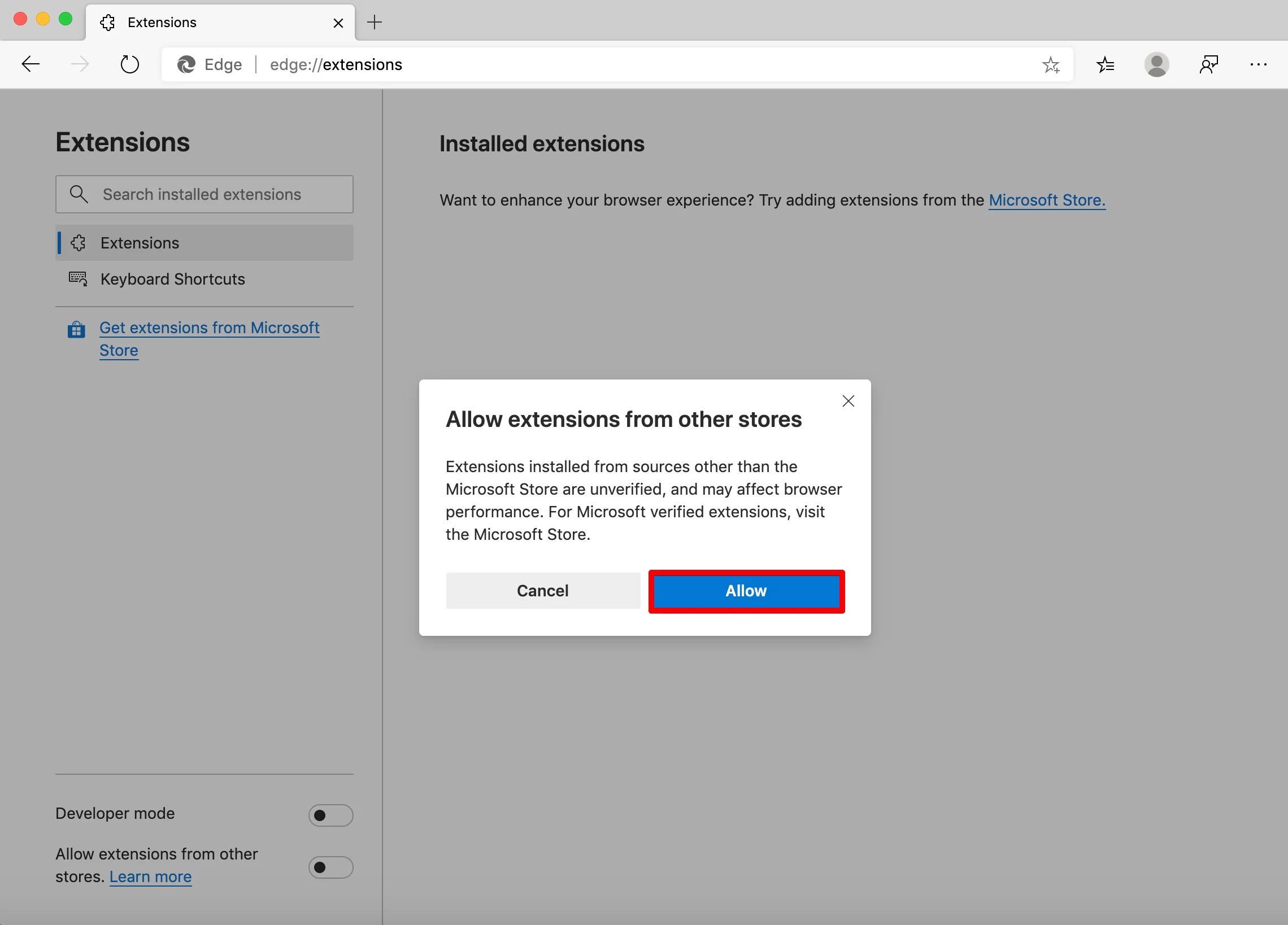 Confirm that you allow extensions from other stores by pressing Allow