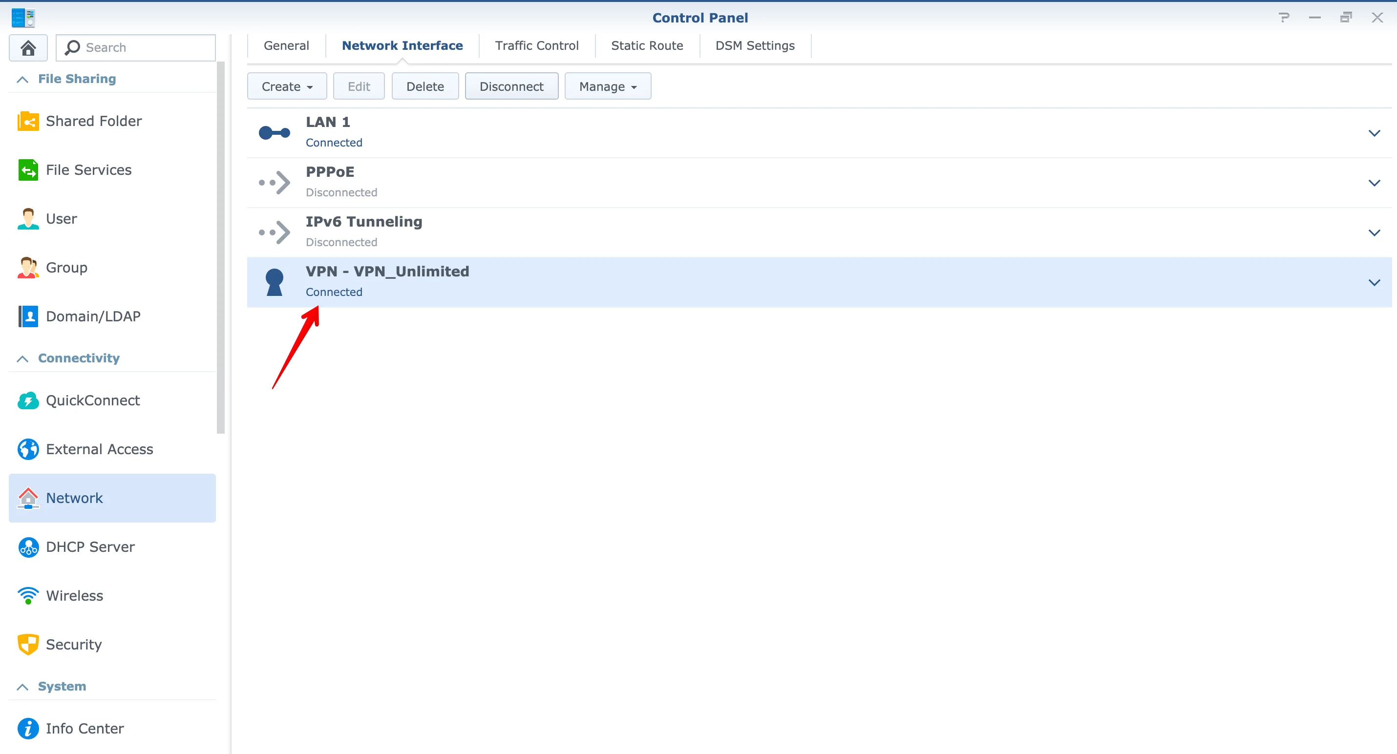 OpenVPN on Synology, connected status
