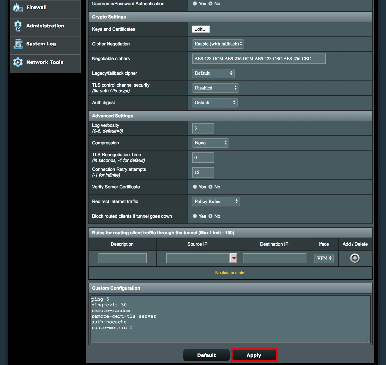 OpenVPN Client Settings: Apply button