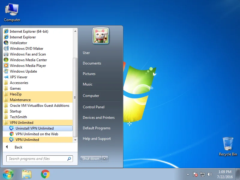 How to uninstall VPN App on Windows 7 - go to Start>All Programs>VPN Unlimited and choose Uninstall