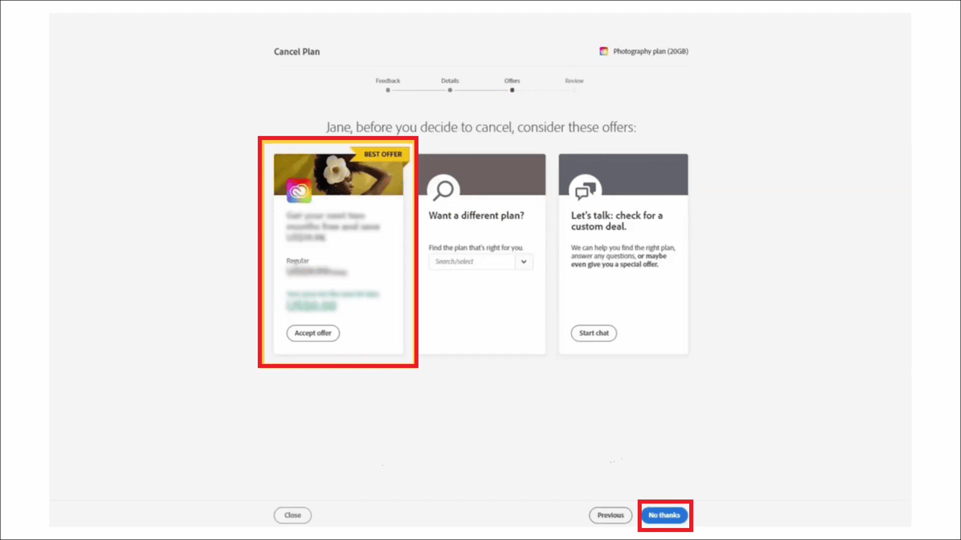 Consider available offers, or select No thanks