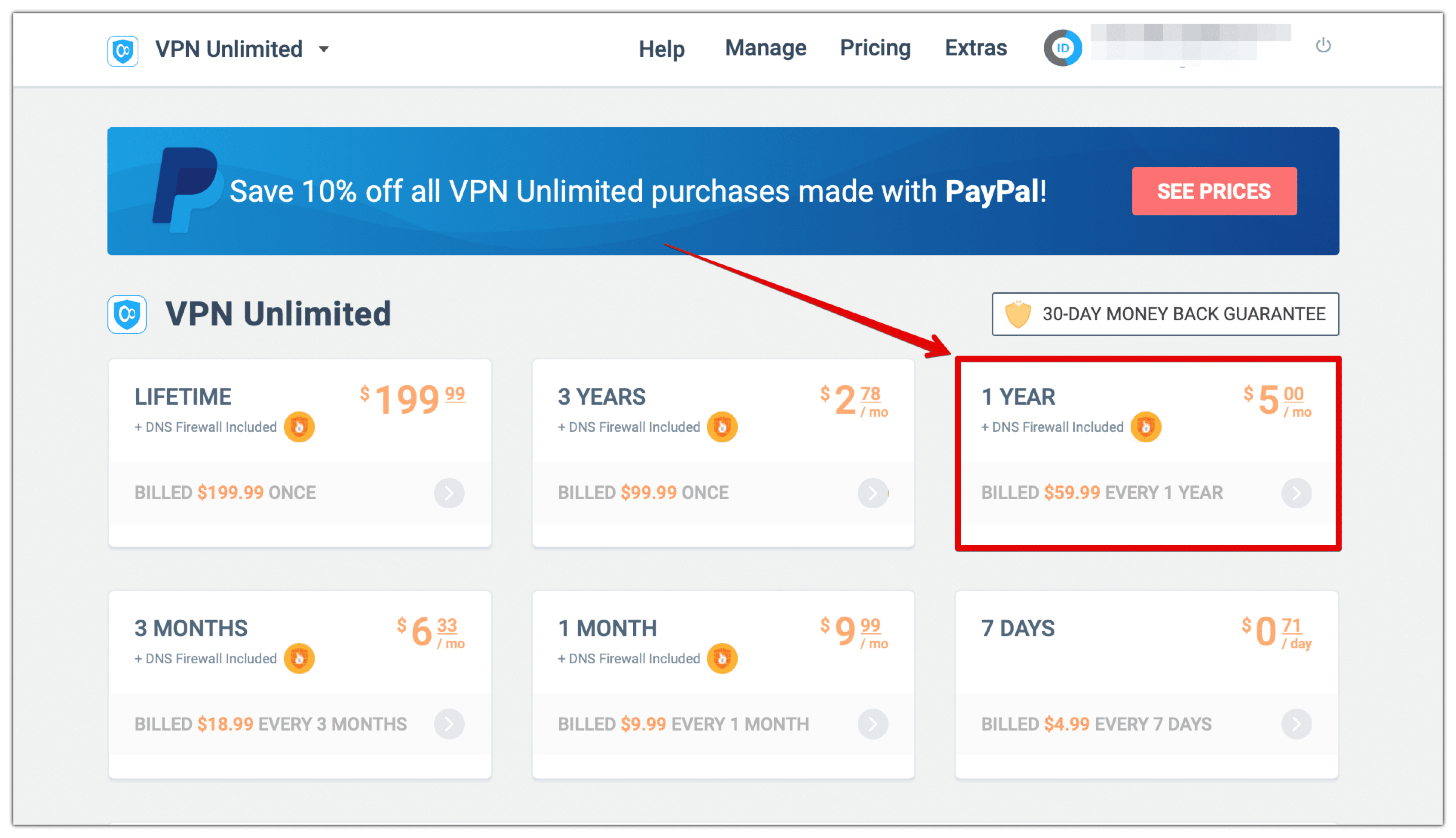 4. Select a VPN subscription to pay with bitcoin.