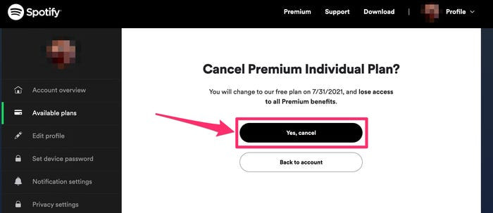 Cancel Premium Individual Plan - Yes, Cancel