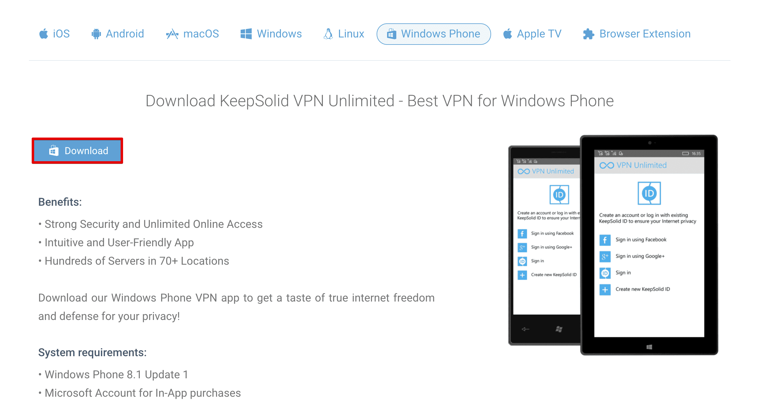 Download the VPN application on your Windows Phone