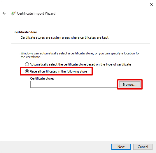 IKEv2 configuration for Windows PC - Choose the Place all certificates in the following store option