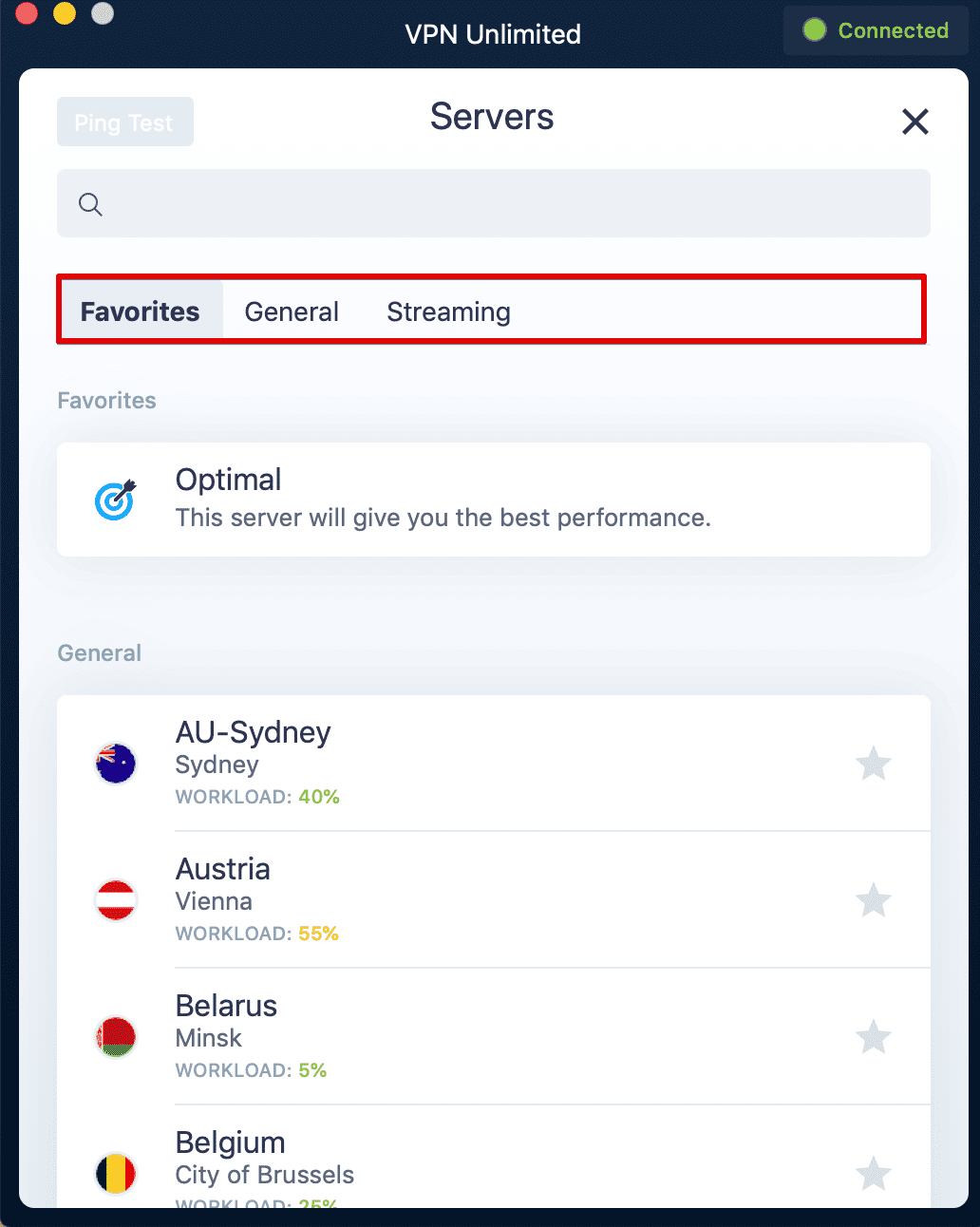 VPN servers tabs of KeepSolid VPN Unlimited app on macOS